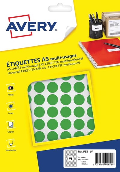 Avery Etiketten Rond 15 Mm Papier Groen 168 Stuks