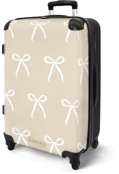 NoBoringSuitcases.com® - Koffer groot - Rolkoffer lichtgewicht - Beige - Patroon van witte strikjes - Reiskoffer met 4 wielen - Valies grote trolley XL op wieltjes - Harde reistrolley met TSA slot - 20 kg bagage - Reizen