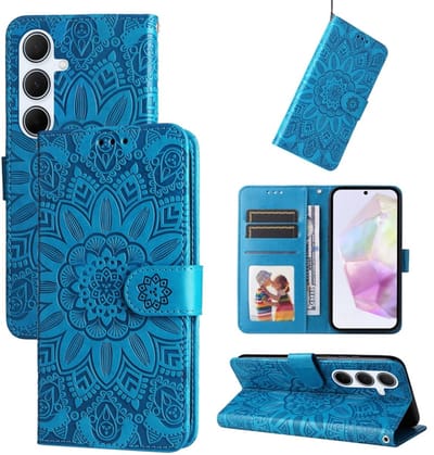 PU BoekCover Hoes Etui geschikt voor Samsung Galaxy A37 - A36 - A56 - Blauw - Bloem-Motief in Reliëf