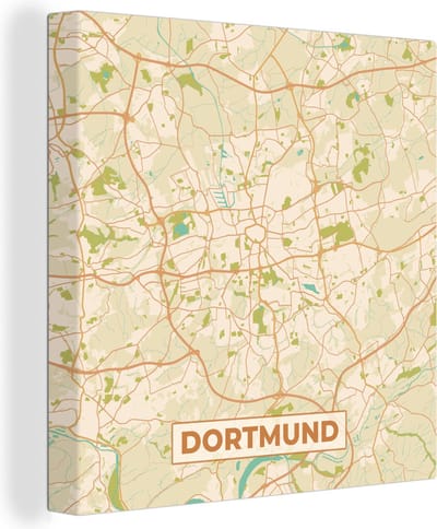 Canvas Schilderij Plattegrond - Dortmund - Kaart - Stadskaart - Vintage - 20x20 cm - Wanddecoratie