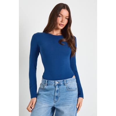 boohoo Dames Basic Body Met Lange Mouwen En Ronde Hals | Indigo | Maat: 12