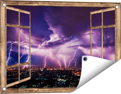 Gards Tuinposter Doorkijk Blikseminslag op een Stad in het Paars - 60x40 cm - Tuindoek - Tuindecoratie - Wanddecoratie buiten - Tuinschilderij