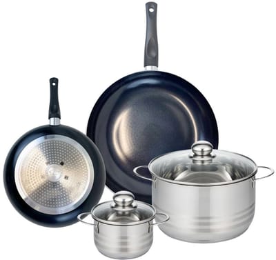 Set van 2 Koekenpannen 24 en 32 cm en 2 kookpotten 16 en 24 cm Elo Prima Glanzend