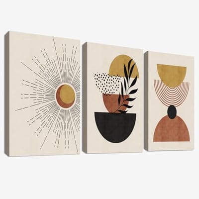 Houten Ingelijste Wandkunst Set van 3 - Boho, Abstracte Bladeren en Zon - Minimalistisch Scandinavisch Design voor Woonkamer en Slaapkamer Decoratie 90 x 40 cm