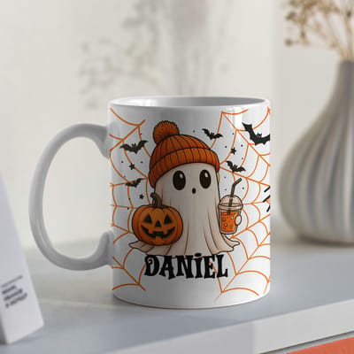 Creasowl® Gepersonaliseerde Halloween Mok Oranje – Schattig Spookje met Naam – Halloween Cadeau voor Kinderen en Volwassenen – Koffie Thee Chocolademelk Mok – Uniek Gepersonaliseerd Geschenk