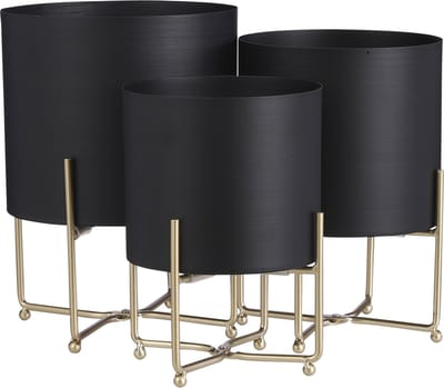 Mica Decorations Aries Bloempot op Standaard - Set van 3 - H32 x Ø24 cm - Zwart