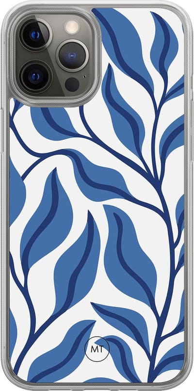Hybride hoesje geschikt voor iPhone 12- Blue leaves - Extra bescherming - Luxe beschermhoes - TPU case - Transparant, Blauw - Mooie Telefoonhoesjes