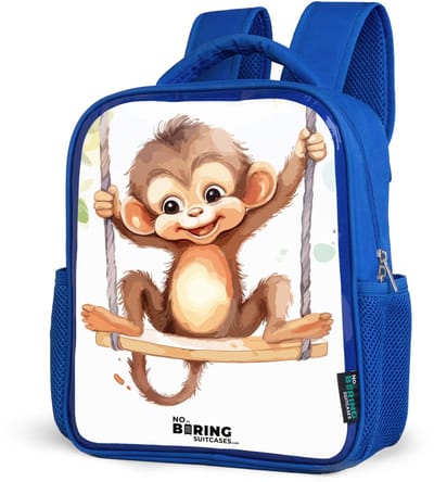 NoBoringSuitcases.com® - Rugzak blauw - Schooltas jongens - Vrolijk aapje op een schommel illustratie - Kinder rugtas jongen - Boekentas kind - Kinderrugzak voor school - Schoolrugzak
