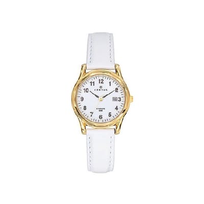 Certus-dameshorloge-model 646594-goudkleurig-wit lederen band-datum-5 atm waterdicht-diameter 28 mm-made in France
