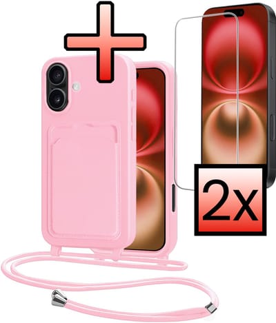Hoes Geschikt voor iPhone 16 Plus Hoesje Pasjeshouder Cover Met Koord Case Siliconen Hoes Met Telefoonkoord en Kaarthouder Met 2x Screenprotector - Lichtroze