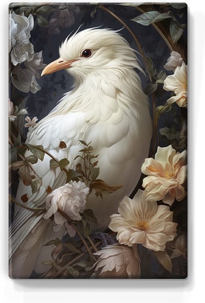 Witte vogel met bloemen - Laqueprint - 19,5 x 30 cm - Niet van echt te onderscheiden handgelakt schilderijtje op hout - Mooier dan een print op canvas. - LP317