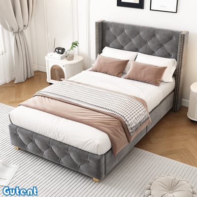 Gutent Gestoffeerd bed - 90*200 cm - met lattenbodem en hoofdeinde - Bekleding met knopen - Bekleding met klinknagels - Houten poten - Fluweel - Grijs - Zonder matras