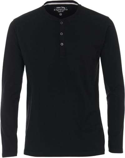 Redmond regular fit T-shirt - lange mouw O-hals met knoopsluiting - zwart