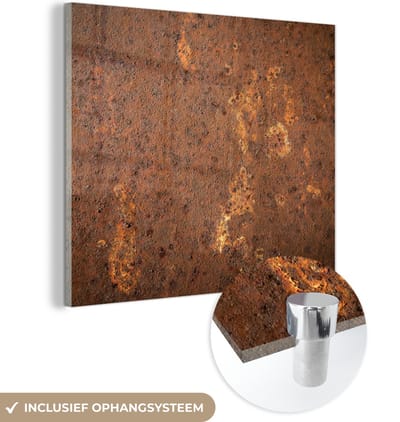 MuchoWow® Glasschilderij 50x50 cm - Schilderij acrylglas - Bruin - Oranje - Abstract - Vintage - Roest - Patroon - Foto op glas - Schilderijen