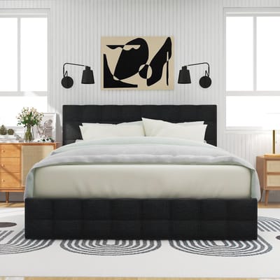 Gestoffeerd bed met 4 lades - tweepersoonsbed met lattenbodem - opbergruimte bed - in hoogte verstelbaar hoofdeinde & vierkant stikselontwerp - metalen lattenbodem - linnen materiaal (140*200 cm - zwart)