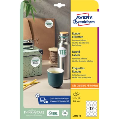 Etiket Avery 60mm rond wit 10 vel 12 etiketten per vel