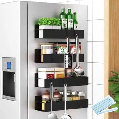 PromoHome 4-delige Magnetische Kruidenrek Set - Zwarte Keukenorganizer voor Koelkast, Magnetron en Andere Metalen Oppervlakken - Boren Niet Nodig - Ruimtebesparend Opslagrek voor Kruiden en Keukenspullen
