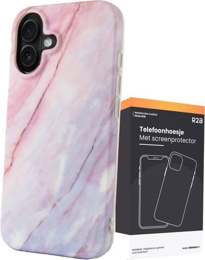 R2B Hoesje geschikt voor iPhone 16 - Marmer - Screenprotector - Roze/Grijs/Blauw- Telefoonhoesjes - Gsm Hoesje - Phone Case - Model de Bilt