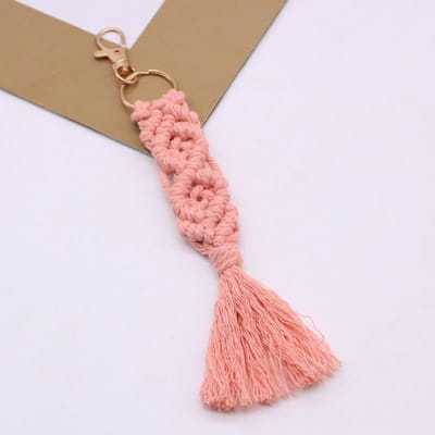 Porte-clés tressé style bohème avec fermoir mousqueton, bracelet cordon de poignet, porte-clés, cordon, porte-clé, lanière, accessoires pour femmes rose