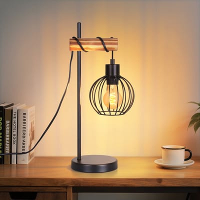 NETTLIFE Tafellamp - Hout - E27 Fitting - Vintage Nachtlampje - retro Tafellamp - Metaal - Nachtlampje met 150cm Kabel - voor Slaapkamer | Woonkamer | Café - Zonder lamp - Zwart