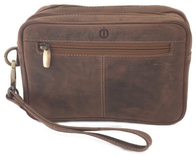 Oi Hunter bruine leren Heren polstas met dubbele rits / uitgebreide lederen handtas voor mannen / pols tas met 2 grote ritsvakken / bruin rundsleer / 509H