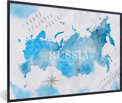 Poster in lijst - Fotolijst 90x60 cm - Posters - Wereldkaarten - Rusland - Blauw - Posterlijst zwart - Decoratie - Wanddecoratie woonkamer - Muurdecoratie slaapkamer