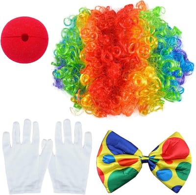Clown Kostuum Accessoire Set van 4 - Rode Perücke, Strik, Witte Handschoenen voor Kinderen, Halloween, Carnaval en Theatervoorstellingen
