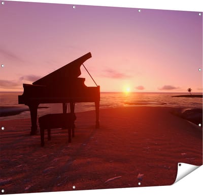 Gards Tuinposter Piano op het Strand bij Zonsondergang - 150x120 cm - Tuindoek - Tuindecoratie - Wanddecoratie buiten - Tuinschilderij