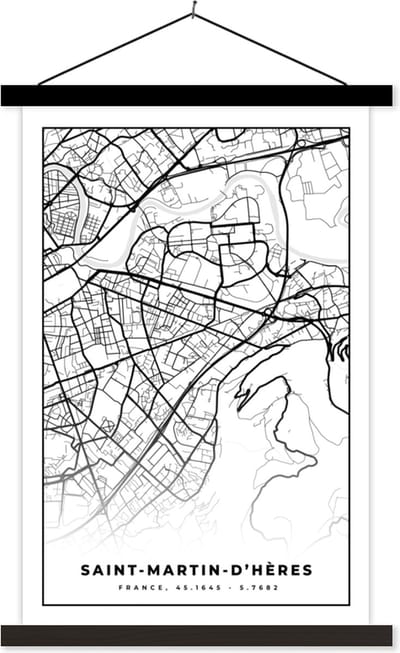 Posterhanger incl. Poster 40x60 cm - Schoolplaat - Stadskaart – Plattegrond – Kaart – Saint-Martin-d'Hères - Frankrijk - Zwart wit - Textielposter - Zwarte latten - Stadskaart