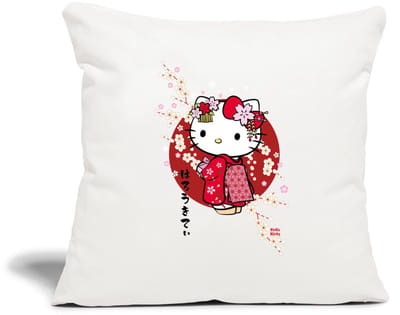 Hello Kitty In Een Rode Kimono En Kersenbloesems Sierkussenhoes, 45 x 45 cm