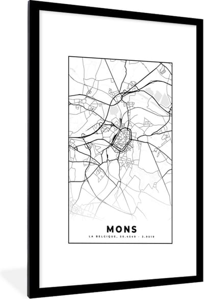 Fotolijst incl. Poster Zwart Wit- Kaart – Plattegrond – Stadskaart – Mons – België – Zwart Wit - 60x90 cm - Posterlijst