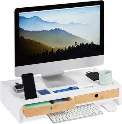 Famanu – Monitorstandaard met opberglades - beeldschermverhoger - bamboe & mdf - 2 lades - 9 vakken - 11x58,5x32,5 cm - wit