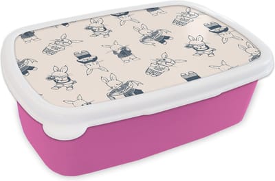 Broodtrommel Roze - Lunchbox - Brooddoos - Konijnen - Vintage - Patronen - 18x12x6 cm - Kinderen - Meisje