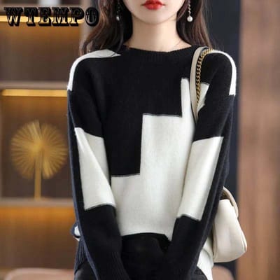 Pull tricoté à col rond Colorblock pour femme, automne et hiver, couleur contrastée, pull décontracté assorti avec tout, chemise ample à bascule S blanc