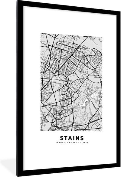 Fotolijst incl. Poster - Frankrijk – Plattegrond – Kaart – Stains – Stadskaart - 60x90 cm - Posterlijst