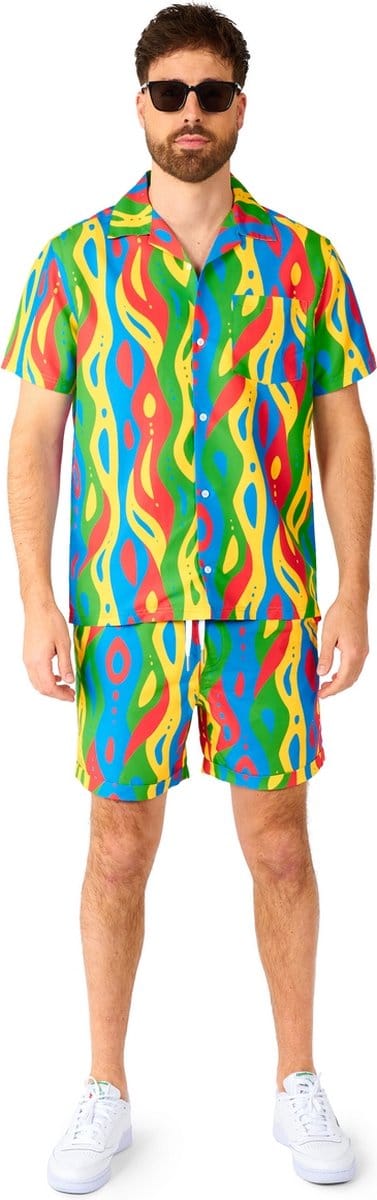 OppoSuits Loopy Lines - Heren Zomer Set - Bevat Shirt En Shorts - Festival Outfit - Meerkleurig - Maat: L