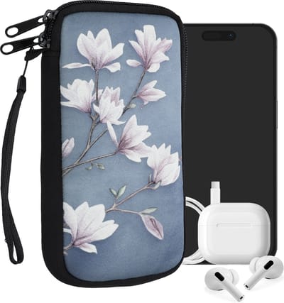 kwmobile hoesje voor smartphones XL - 6,7/6,8" - hoes van Neopreen - Magnolia design - taupe / wit / blauwgrijs - binnenmaat 17,2 x 8,4 cm