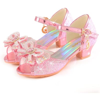 Zomer Meisjes Sandalen Met Hak Mode Strass Steentjes Glanzende Glitter Schoenen Kinderen Prinses Strik Parel Dansschoenen 31 roze