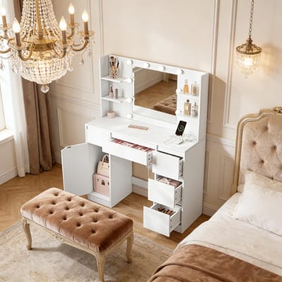 HAUSS SPOLE Kaptafel - Met Spiegel, Ledverlichting En Stopcontact - 5 Laden En Kast - Hout En Glas - 110x40x140 Cm - Wit