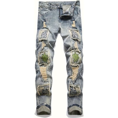 Jean en denim confortable et tendance pour homme, style punk hip-hop, déchiré, brodé, avec poches, pour le printemps, l'été et l'automne 38 bleu