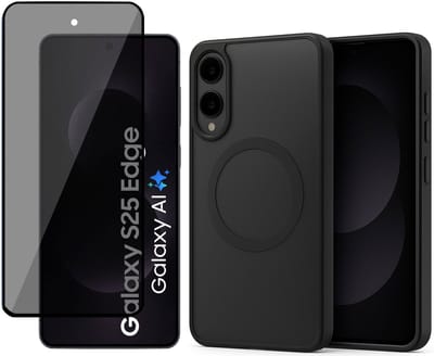 Hoesje + Privacy Screenprotector geschikt voor Samsung Galaxy S25 Edge Hoesje - Portemonnee Hoesje geschikt voor MagSafe - Magnetisch - Gehard Glas- Zwart