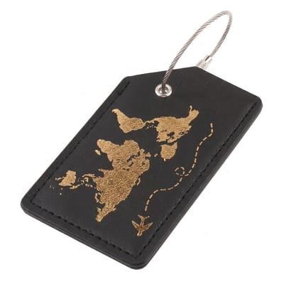 Zwart kofferlabel dames heren – bagage label met wereldkaart en vliegtuig ontwerp – synthetisch leren koffertag – lichtgewicht reis accessoire voor koffer en tas – verstelbare bagage hanger