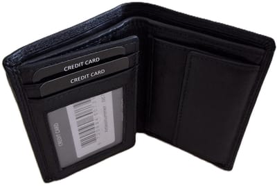 OI kleine zwarte lederen billfold hoog model / verticale portemonnee zeer compact tóch veel ruimte voor pasjes / kleine complete heren beurs / Anti skim / zwart / 667