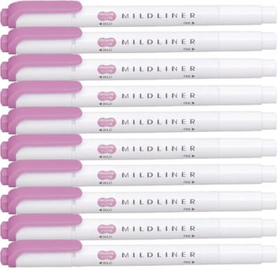 Zebra Mildliner Double-Sided Highlighter - Fine / Bold – Mild Magenta Set van 10 + een Luxe Zipperbag - WKT7-MMZ