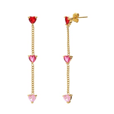 Lucardi Dames Stalen goldplated oorhangers met rood zirkonia hart - Oorbellen - Staal - Goudkleurig