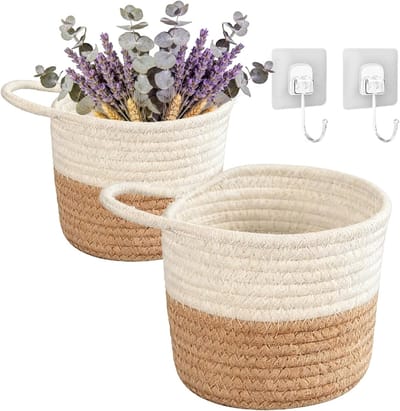 Set van 2 Wandmanden van Katoen, 15 x 15 cm, Decoratieve Opbergmanden voor Keuken, Badkamer en Slaapkamer