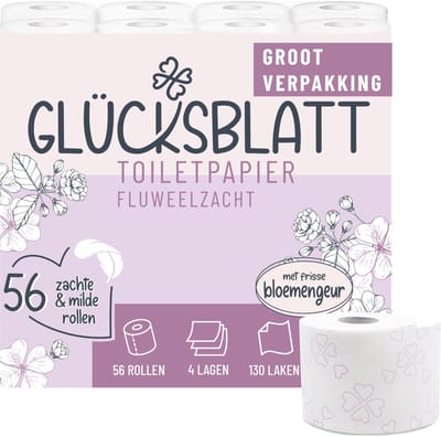 Glücksblatt Floral Toiletpapier 4-laags 56 Rollen x 130 Vellen - Ultra Zacht Fluweelcomfort met Vanillegeur - Dermatologisch Getest - PEFC Gecertificeerd - Duurzaam Verpakt