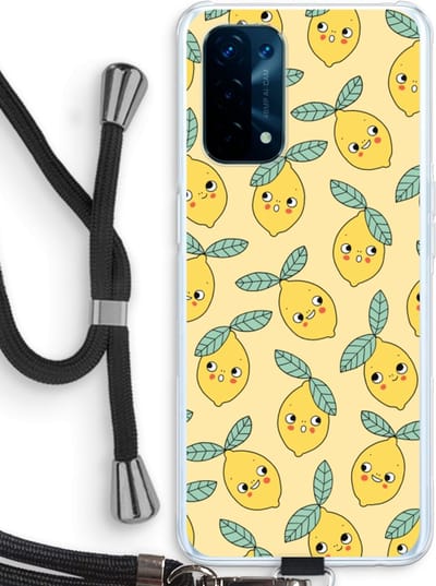 Case Company® - Hoesje met koord geschikt voor Oppo A74 5G hoesje met Koord - Citroenen - Telefoonhoesje met Zwart Koord - Bescherming aan alle Kanten en Over de Schermrand