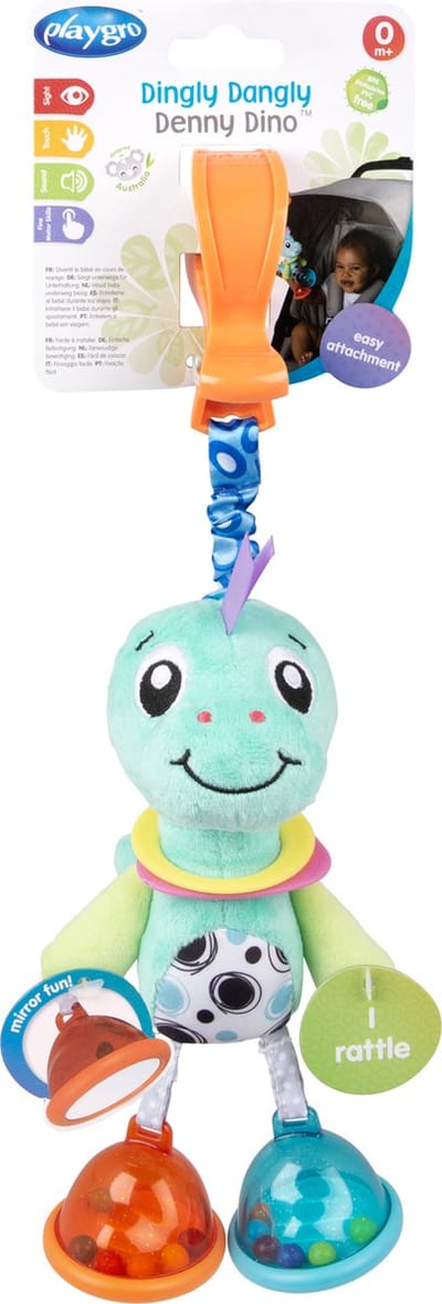 Playgro Dingly Dangly Dino - Hangspeeltje - Hangspeeltje Baby - Kinderwagenspeeltje - Rammelaar - Rammelaar Baby - Kinderwagenaccessoire - Buggyaccessoire - Educatief Speelgoed - Knuffeldier - Baby Speelgoed