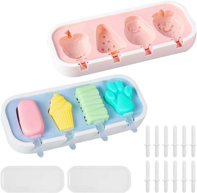Siliconen ijsvormen set van 2, 4 holtes voor ijslolly's, sorbets en frozen treats, blauw en roze